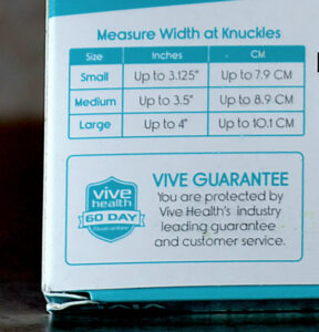 Box showing measuring instructions for Vive Textured Compression Gloves