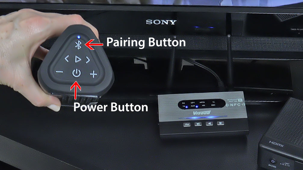 OontZ Angle 3 Plus Pairing and Power Buttons. Hear the TV better through the wireless speaker.