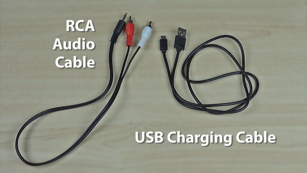 RCA Red and White audio cable and USB charging cable to connect the TV to the Visoud Bluetooth Transmitter.
