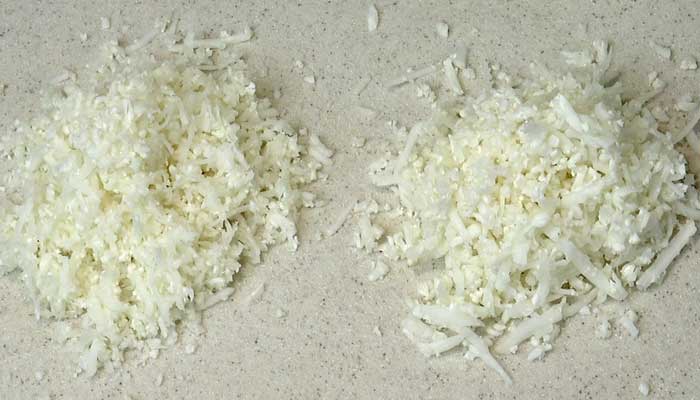 Cauliflower Rice made with the Professional Salad Shooter using the Fine Shred Cone, shown on the left, and the Medium Shred Cone, on the right.