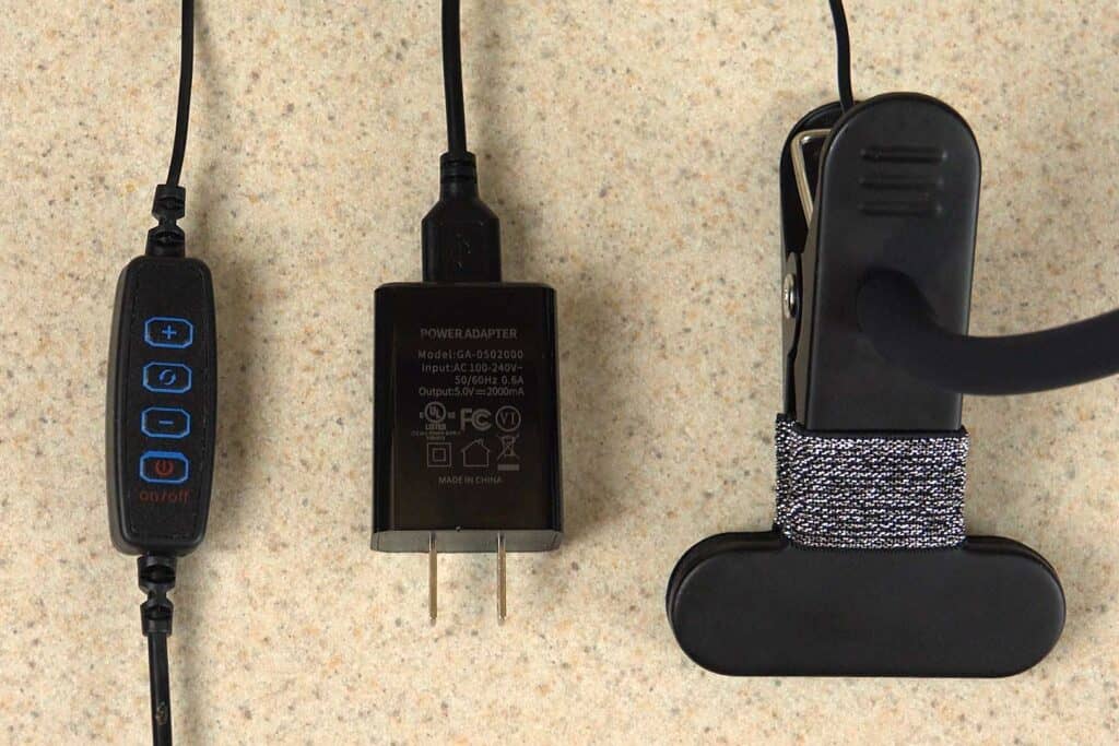 The BOHON inline power switch, AC adapter, and metal padded clamp