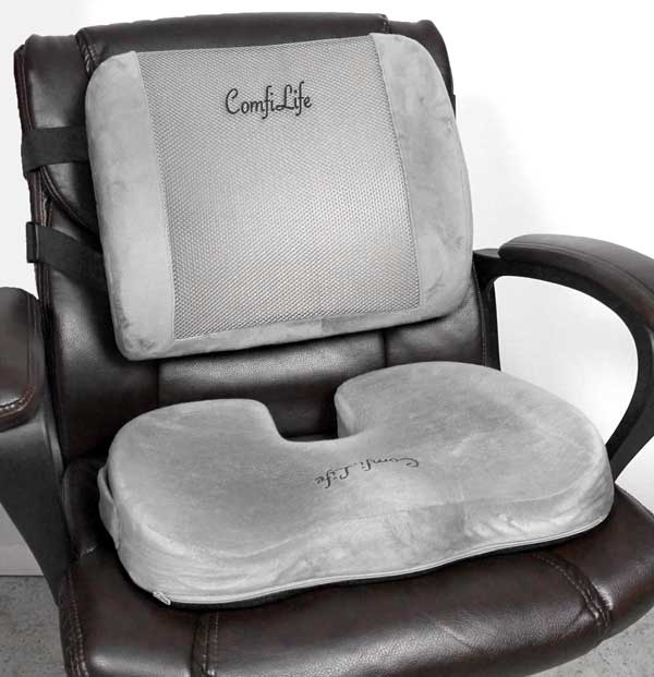 Comfi Life Seat Cushion and Comfi Life Lumbar Cushion on brown office chair