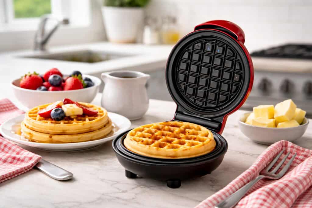 Mini Waffle Maker on kitchen counter top surrounded by waffles, berries, and utensils