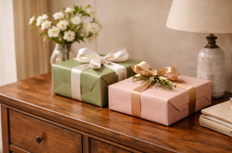 Gift boxes neatly wrapped in pastel colored papers and sitting on a wood cabinet next to a small vase of white flowers.