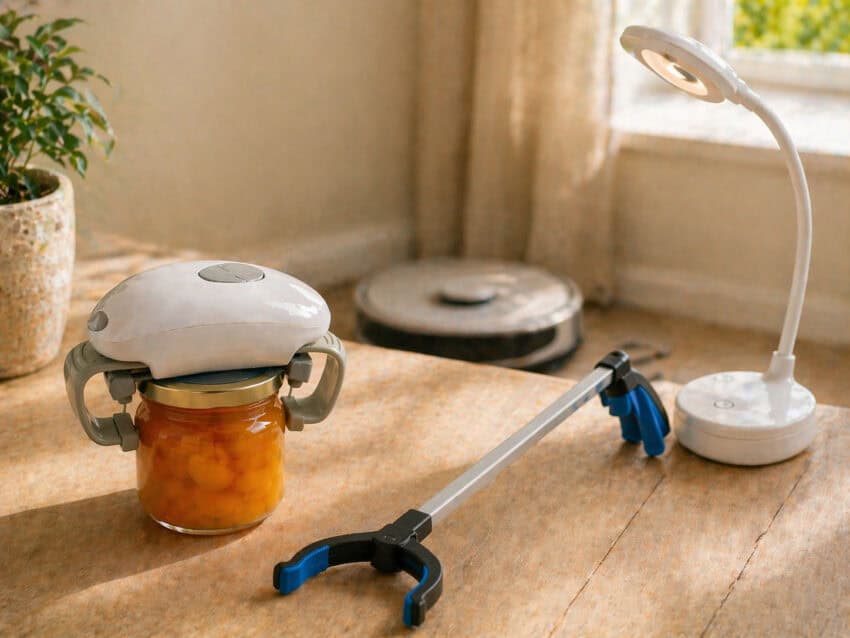 Practical everyday tools arranged in a comfortable home setting for easier daily living